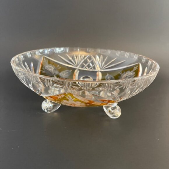 3-Footed Etched Crystal Bowl – Clear with Amber Rose & Leaf Design, 8.75" Diamet - Picture 2 of 7